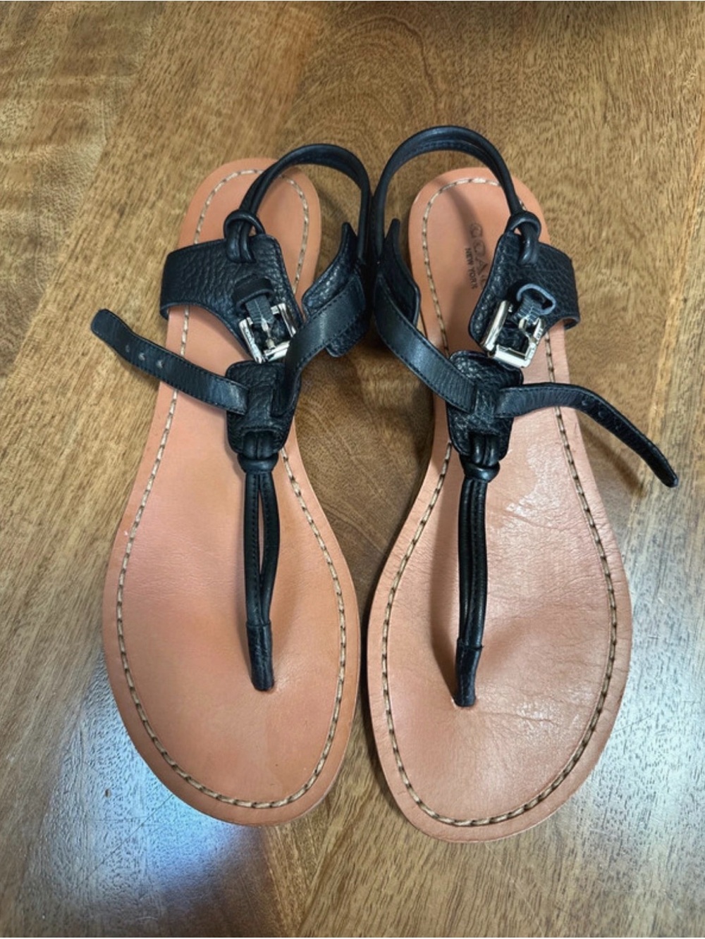 Coach Black Leather T-Strap Sandals with Tan Footbed